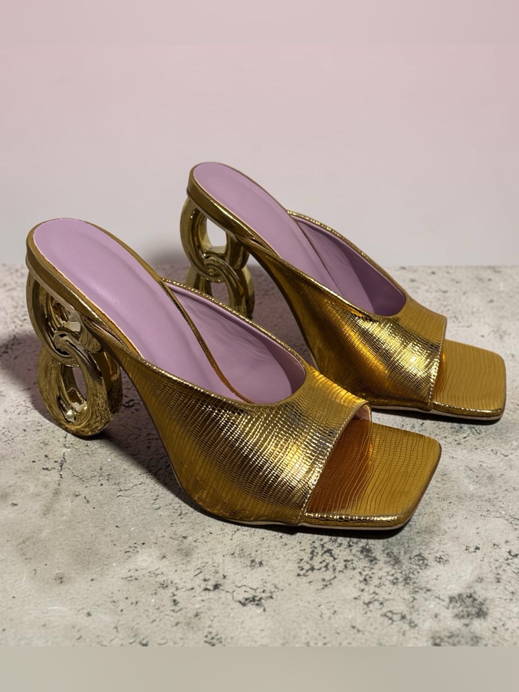 Shein Gold Metallic Sculptural-Heel Mules With Lilac Insole